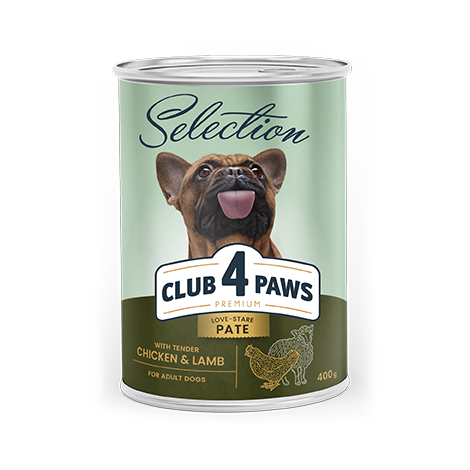 CLUB 4 PAWS Premium. Visavertis konservuotas pašaras suaugusiems šunims „Paštetas su vištiena ir ėriena“
