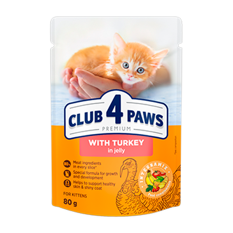 CLUB 4 PAWS ПРЕМІУМ ДЛЯ КОШЕНЯТ "З ІНДИЧКОЮ В ЖЕЛЕ". ПОВНОРАЦІОННИЙ КОНСЕРВОВАНИЙ КОРМ.