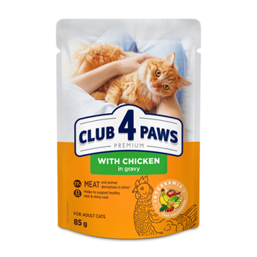 CLUB 4 PAWS ПРЕМІУМ "З КУРКОЮ В СОУСІ". ПОВНОРАЦІОННИЙ КОНСЕРВОВАНИЙ КОРМ ДЛЯ ДОРОСЛИХ КОТІВ