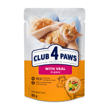 CLUB 4 PAWS Преміум "З телятиною в соусі". Повнораціонний консервований корм для дорослих котів