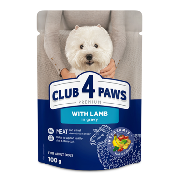 CLUB 4 PAWS ПРЕМІУМ "З ЯГНЯМ В СОУСІ". ПОВНОРАЦІОННИЙ КОНСЕРВОВАНИЙ КОРМ ДЛЯ ДОРОСЛИХ СОБАК МАЛИХ ПОРІД.