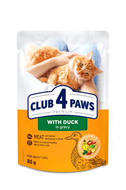 CLUB 4 PAWS ПРЕМІУМ "З КАЧКОЮ В СОУСІ". ПОВНОРАЦІОННИЙ КОНСЕРВОВАНИЙ КОРМ ДЛЯ ДОРОСЛИХ КОТІВ.