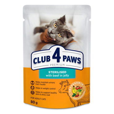 CLUB 4 PAWS ПРЕМІУМ "З ЯЛОВИЧИНОЮ В ЖЕЛЕ". ПОВНОРАЦІОННИЙ КОНСЕРВОВАНИЙ КОРМ ДЛЯ ДОРОСЛИХ СТЕРИЛІЗОВАНИХ КОТІВ