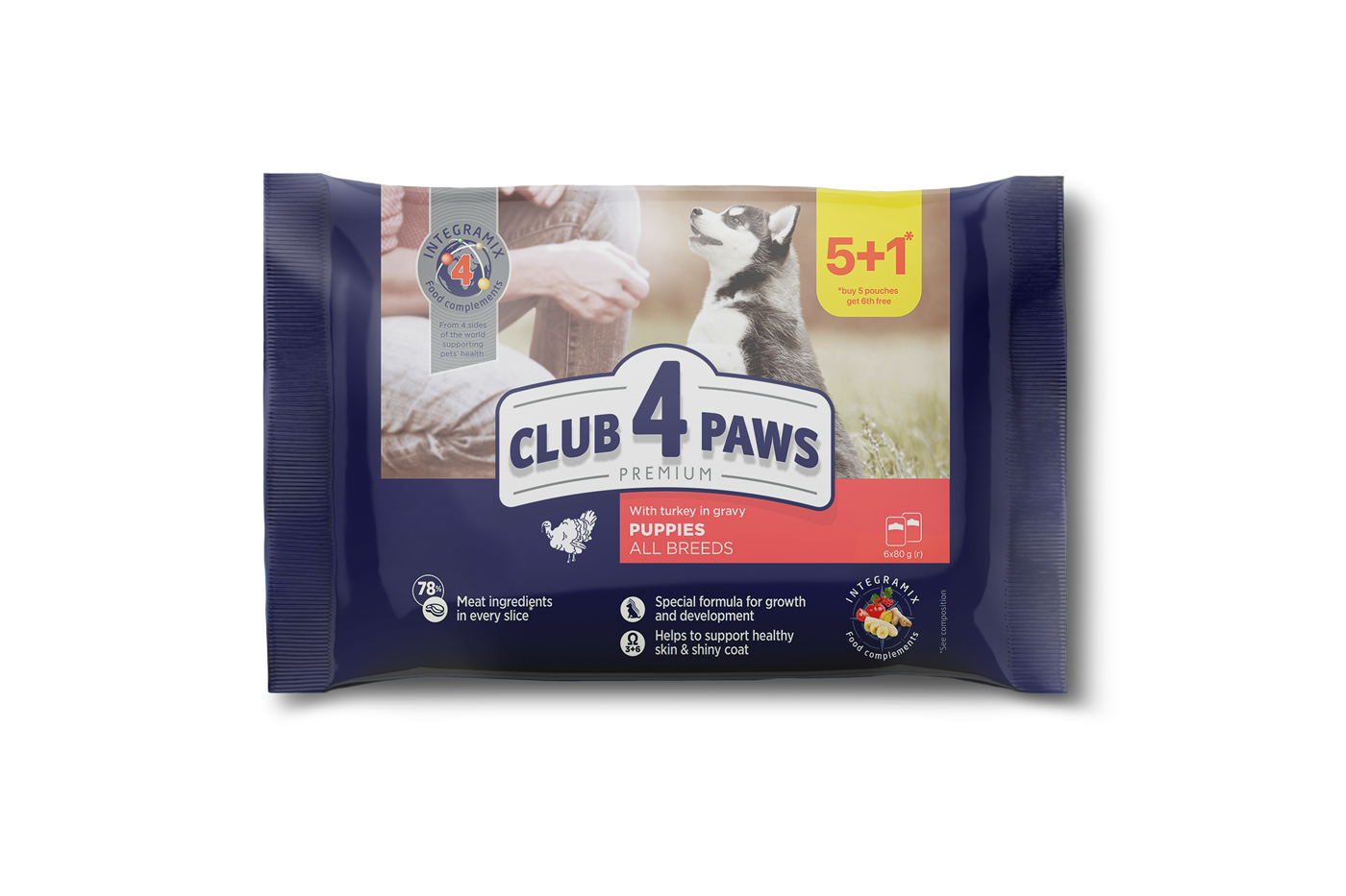 Set CLUB 4 PAWS Premium for puppies "With turkey in gravy". Complete canned pet food (0,08 х 6), 0,48 kg