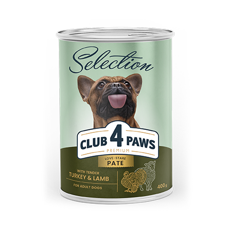 CLUB 4 PAWS Premium. Visavertis konservuotas pašaras suaugusiems šunims „Paštetas su kalakutiena ir ėriena“