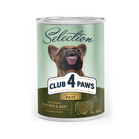 CLUB 4 PAWS Premium. Visavertis konservuotas pašaras suaugusiems šunims „Paštetas su vištiena ir jautiena“