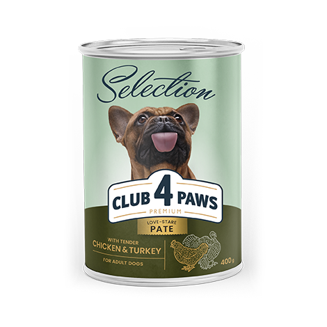 CLUB 4 PAWS Premium. Visavertis konservuotas pašaras suaugusiems šunims „Paštetas su vištiena ir kalakutiena
