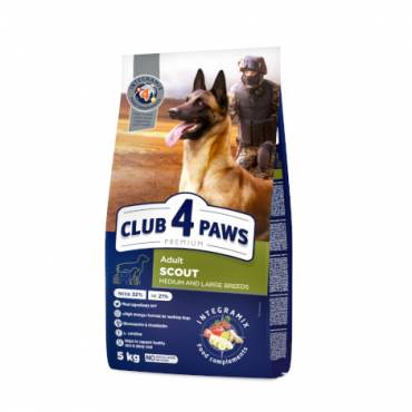 CLUB 4 PAWS PREMIUM «SCOUT». PILNARACIONIS SAUSAS MAISTAS SUAUGISIEMS DARBINIAMS VIDUTINIŲ IR STAMBIŲ VEISLIŲ ŠUNIMS